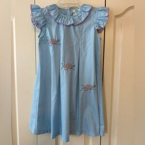 Girls Shrimp & Grits Kids Light Blue Ruffled Dress with Turtle Embroidery Sz 7